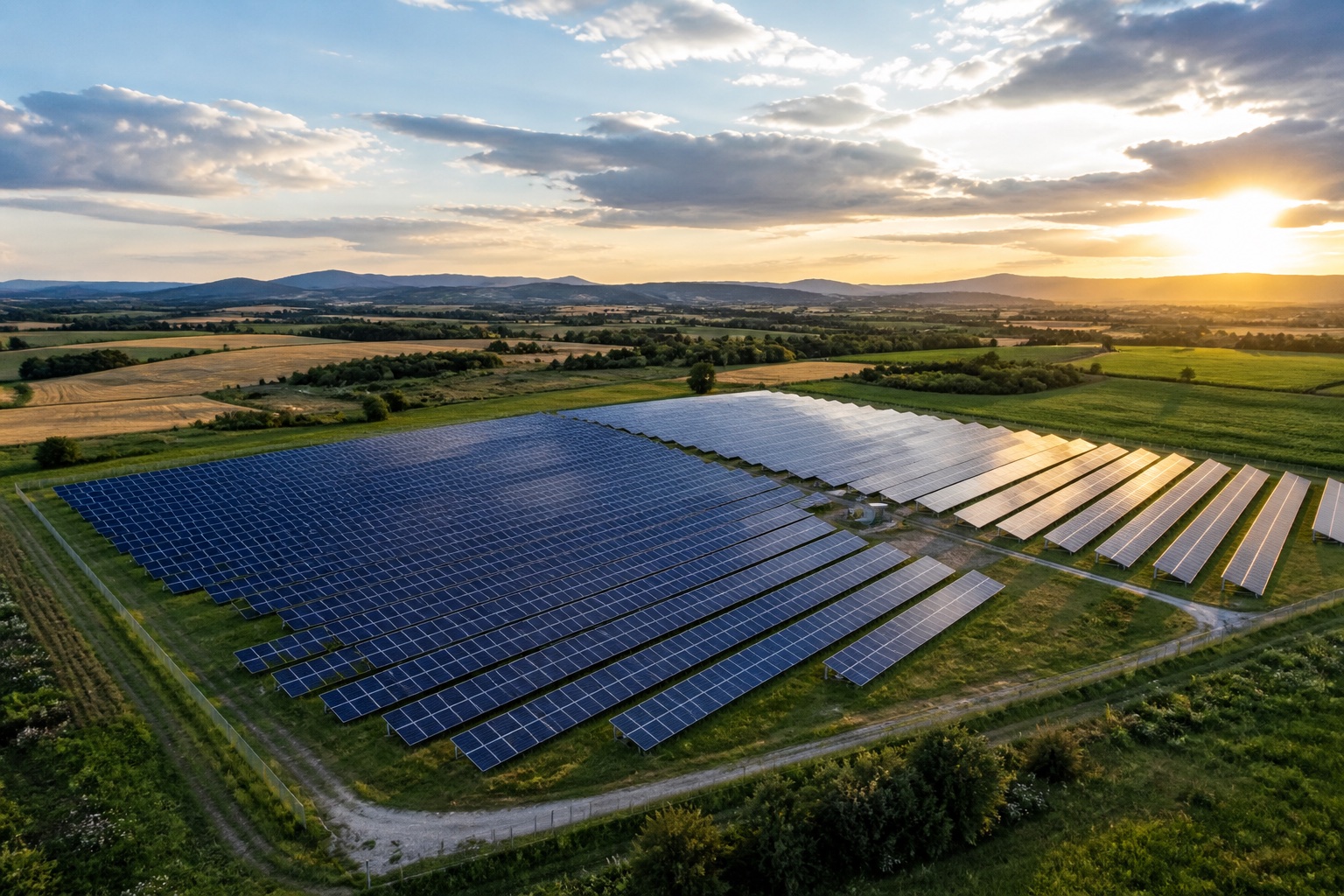 Centrale solaire au coucher du soleil